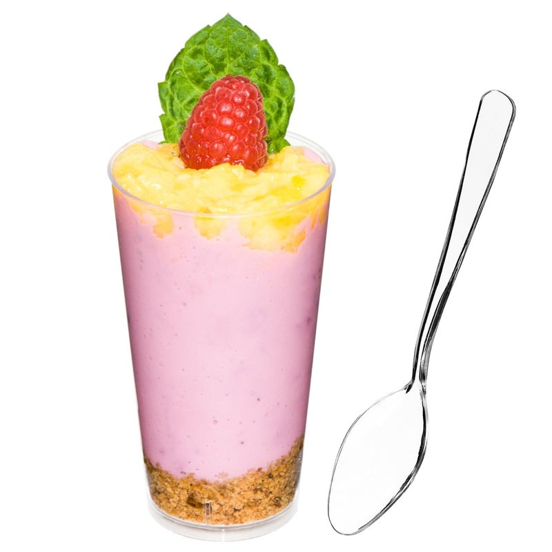 DLux 50 x 3 oz Mini Dessert Cups with Spoons, Shooter - Clear Plastic Parfait Appetizer Cup - Small Reusable Shot Glass for Tasting Party Shooters Desserts Appetizers - With Recipe Ebook - Image 1